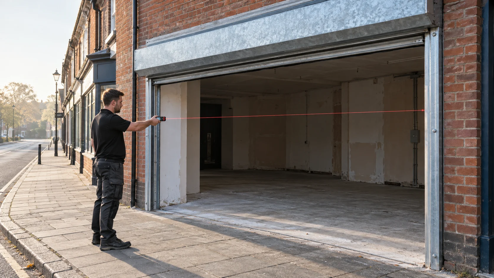 Engineer measuring a shop opening with a laser measure before a roller shutter is quoted