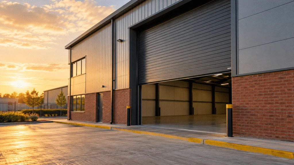 Anthracite grey commercial roller shutter half open on a brick trade unit at sunset