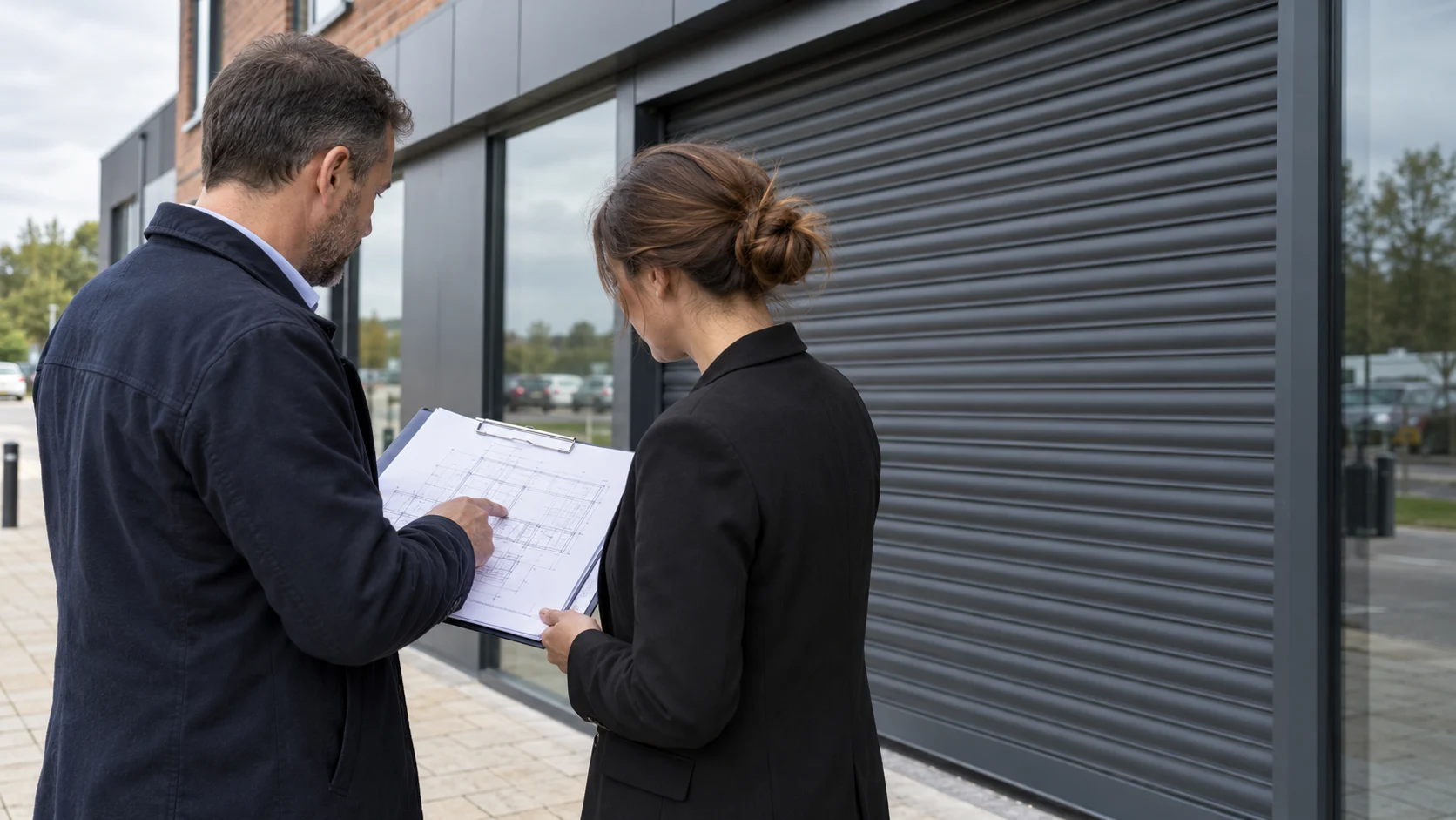 Business owner and landlord reviewing shutter drawings outside a retail unit