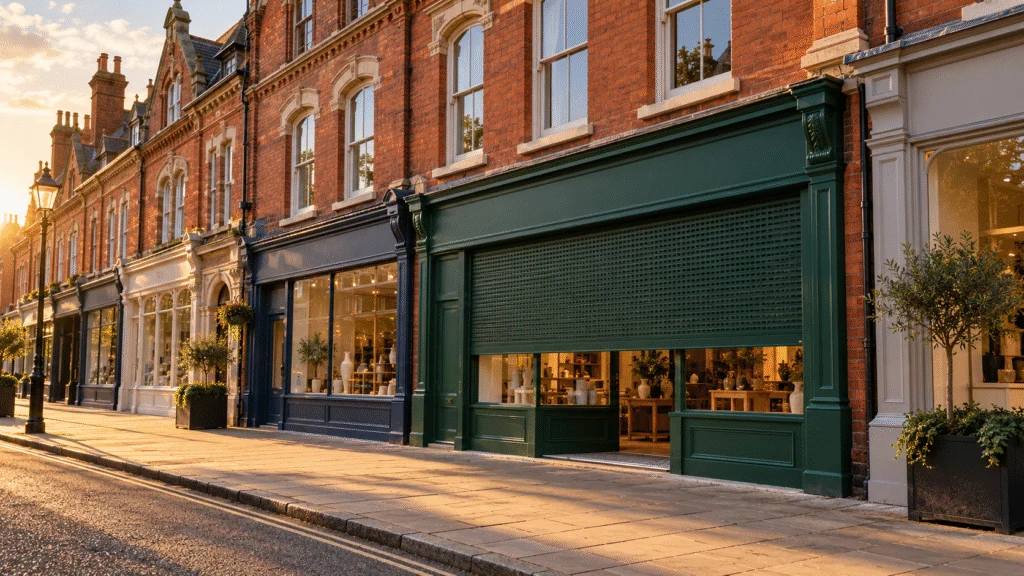 Discreet perforated roller shutter on a traditional brick shopfront in a town centre