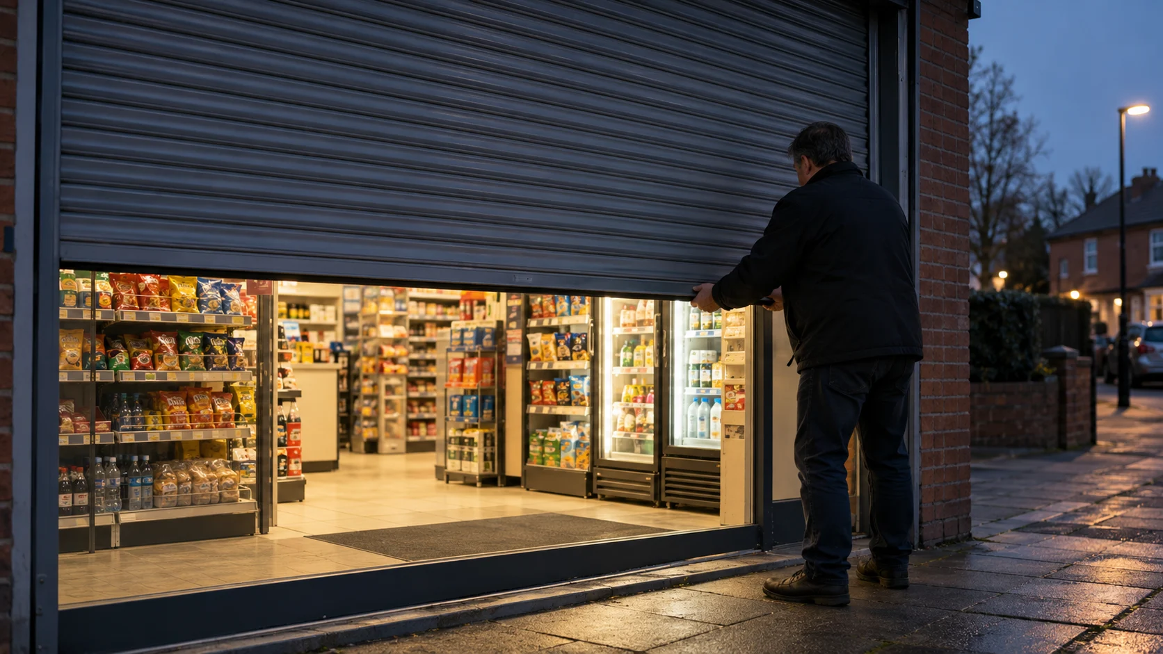 Shop owner closing a solid roller shutter over a convenience store frontage in the evening