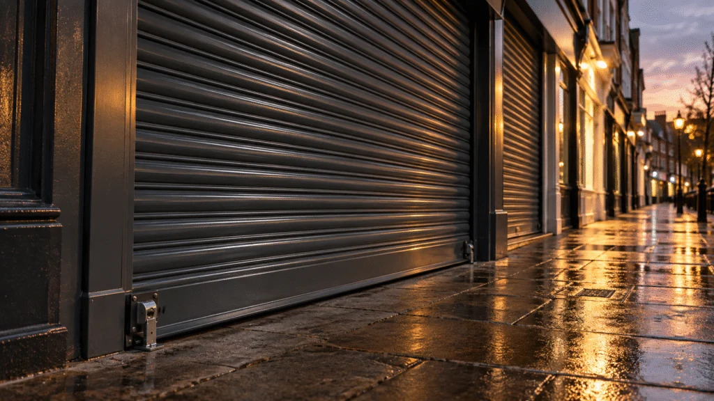 Closed heavy-duty steel shop roller shutter with strong guide rails on a high street at dusk
